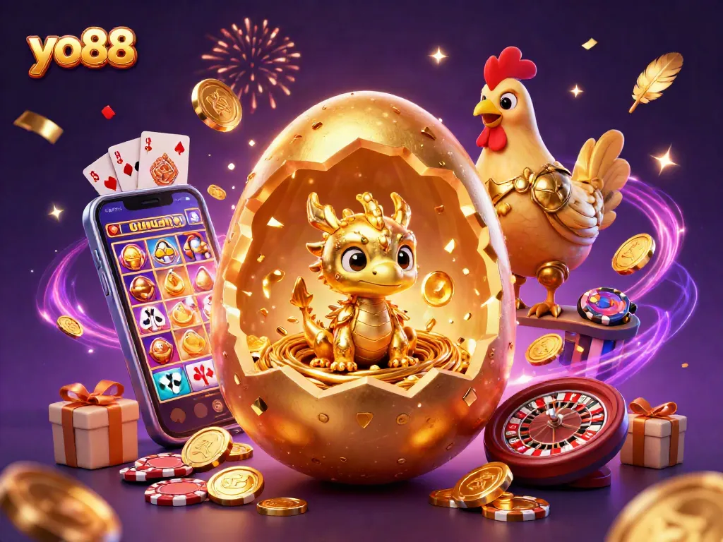 Experience the excitement of yo88 with a golden dragon and poker chips surrounded by slot games and celebratory elements.