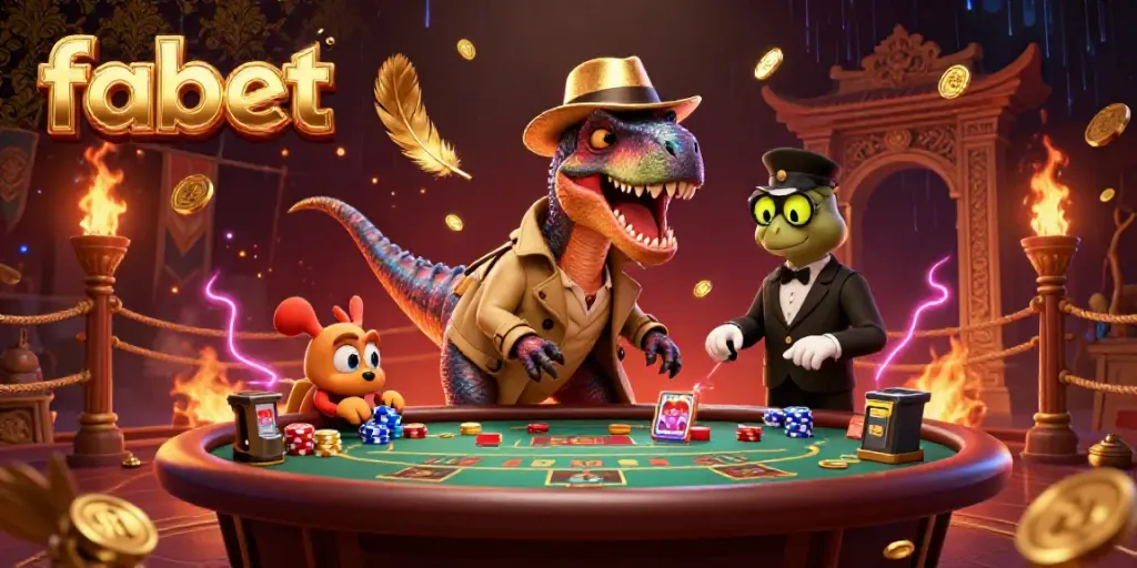 Engaging fabet scene with a cartoon velociraptor attempting to blend in at a blackjack table.