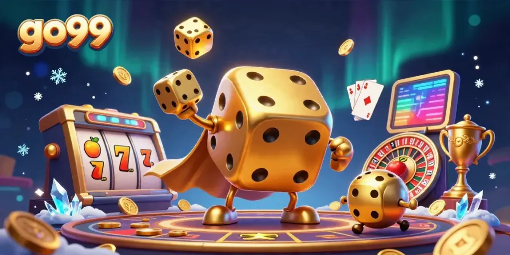 Engage with go99's thrilling gaming scene featuring a golden dice golem and vibrant casino elements.
