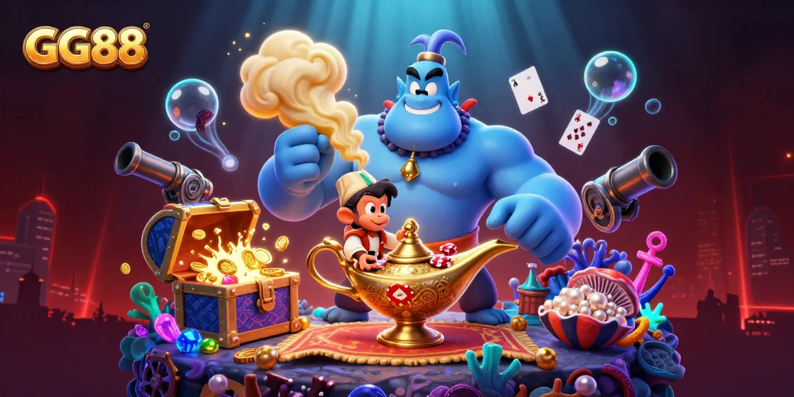 Experience the excitement of GG88 with a vibrant scene featuring a genie, monkey, and poker chips.