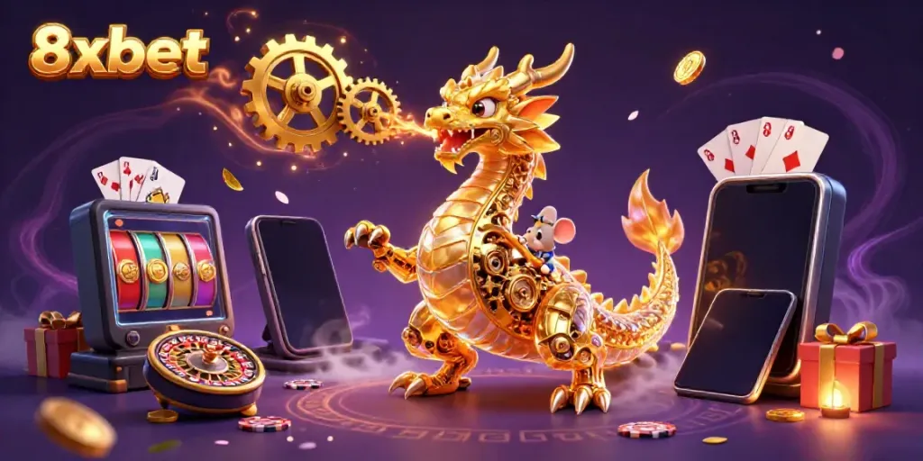 8xbet showcases a mesmerizing 3D dragon and a mouse engineer in a vibrant casino scene filled with slot games and poker elements.