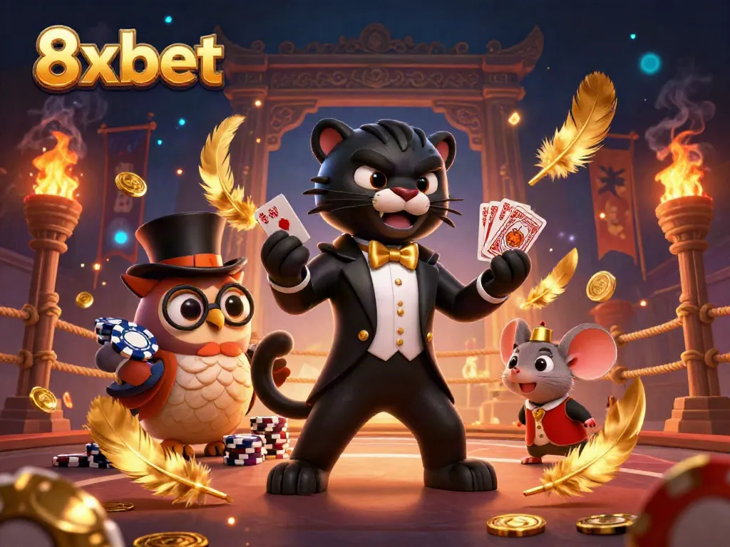 8xbet features a tuxedo-wearing panther and friends dealing cards in a vibrant casino atmosphere.