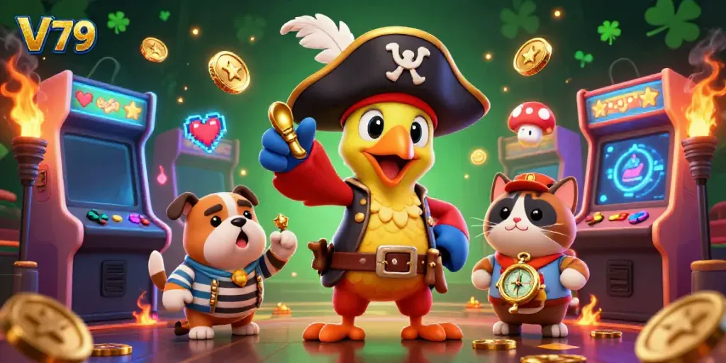 Experience the thrilling world of V79 with a vibrant pirate-themed casino scene showcasing colorful gaming elements.