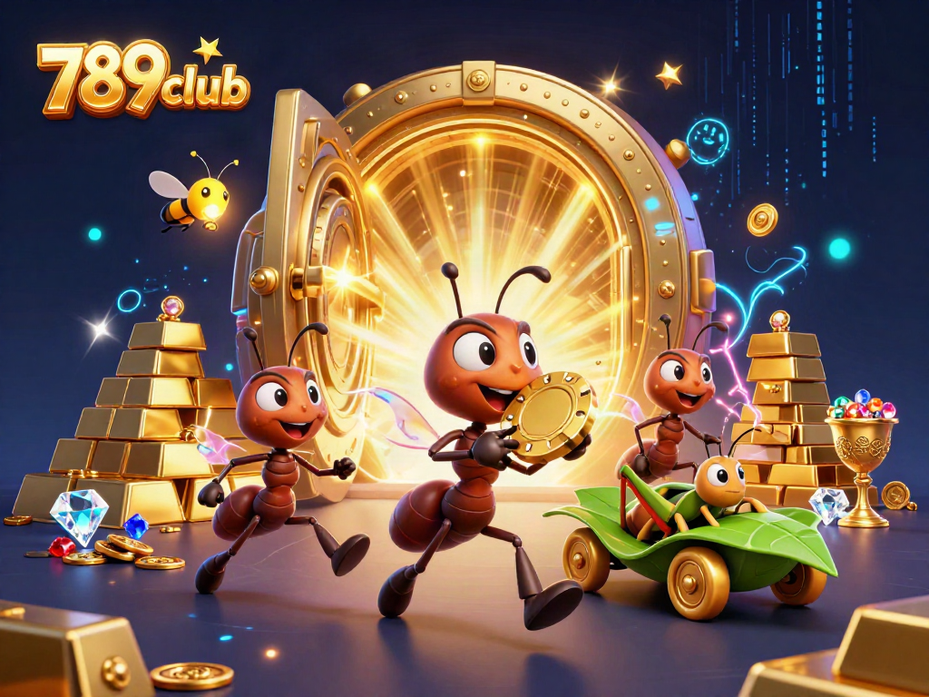 Engage with the 789club team of ants as they expertly heist a massive golden poker chip amidst a vibrant casino backdrop.