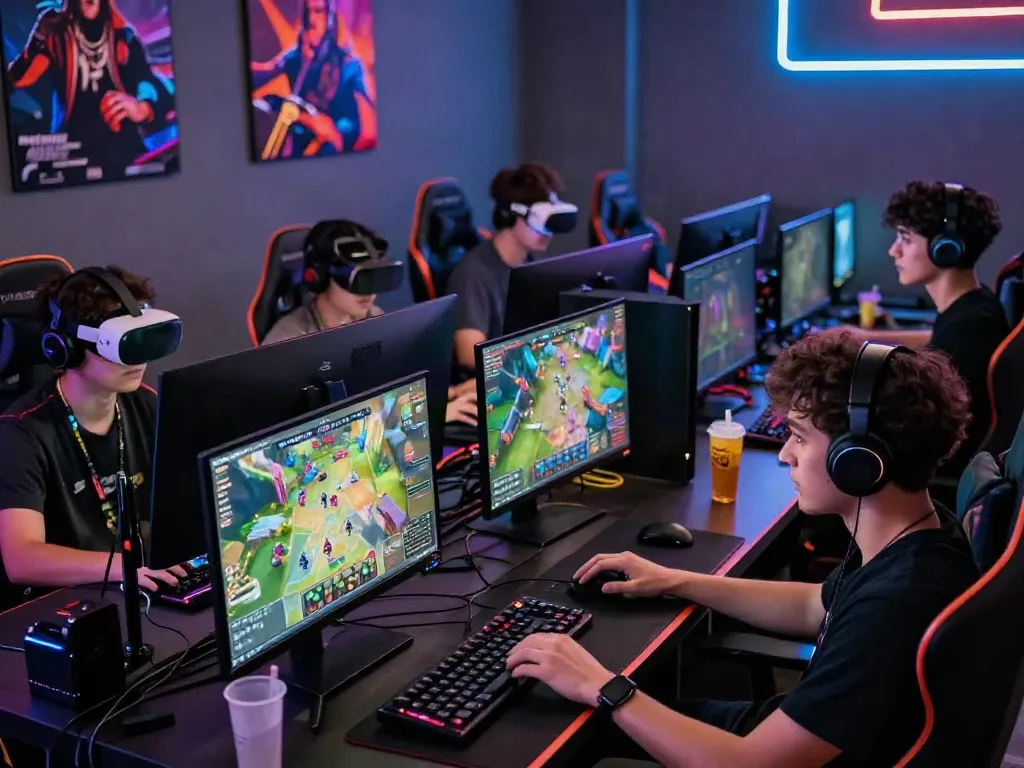 Gamers immersed in QQMacan platform at a vibrant cyber café.