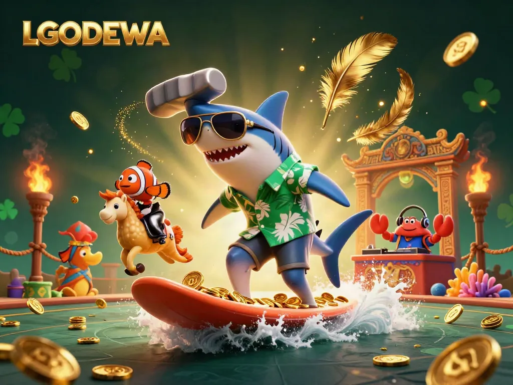 Engage with LGODEWA by surfing on a wave of gold coins while surrounded by vibrant casino-themed elements.