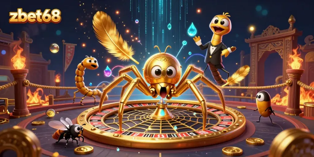 Engage in thrilling bets at zbet68 featuring a golden spider croupier and intricate roulette design.