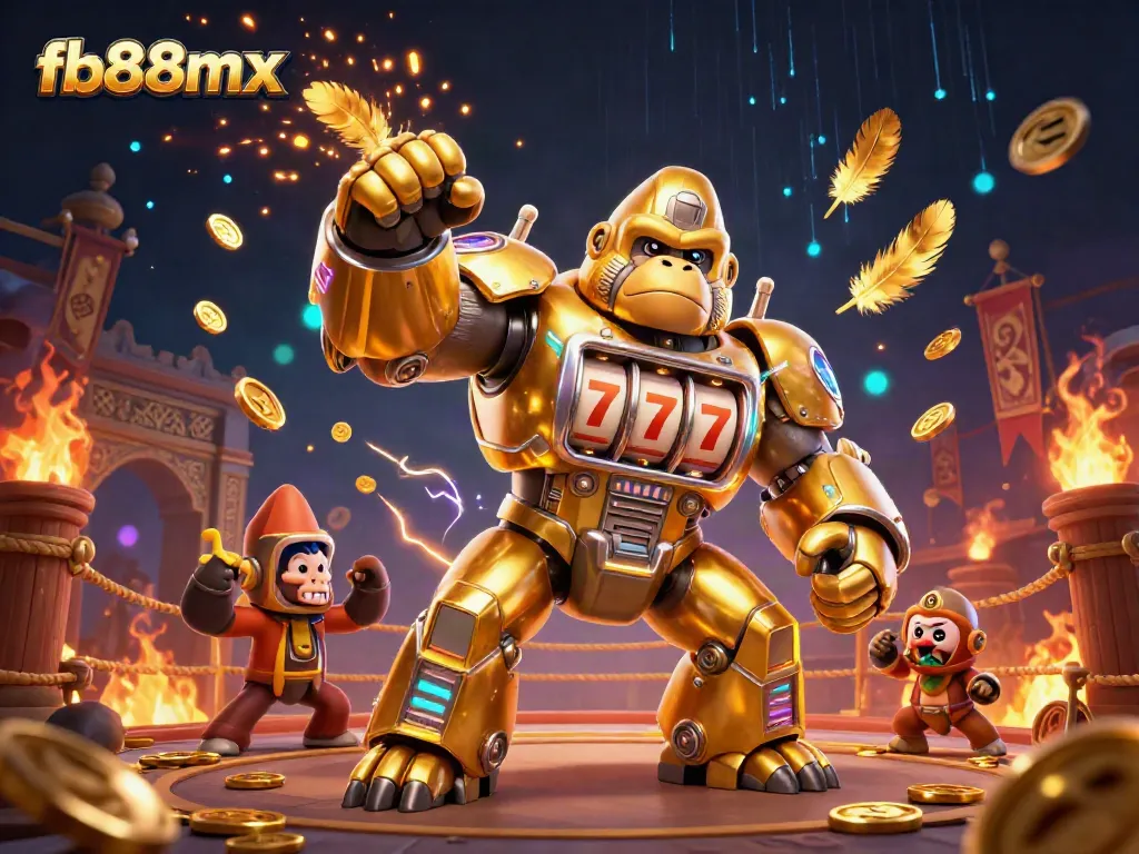 Experience the excitement of fb88mx with a dynamic, action-packed casino-themed 3D illustration featuring a golden gorilla mech.