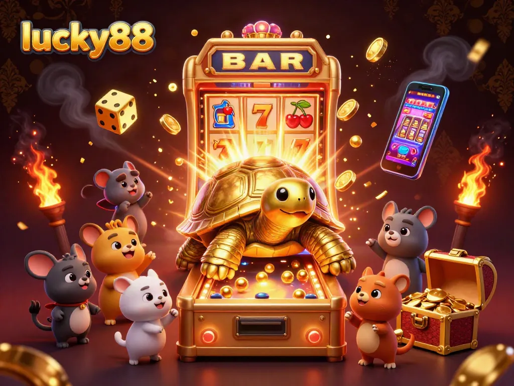 Experience thrilling gaming at lucky88 with a golden tortoise pinball machine and jackpot coins raining down.