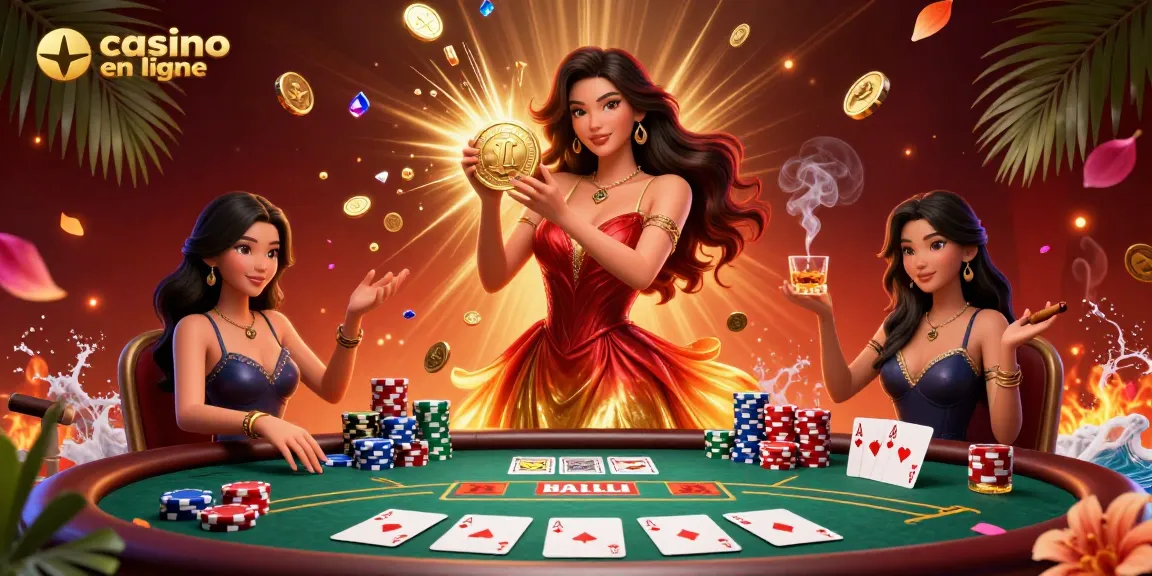 Vivez l'excitation du casino en ligne avec une scène dynamique mettant en vedette une femme asiatique ornée tenant une pièce d'or au milieu d'un tourbillon de jetons et de cartes.
