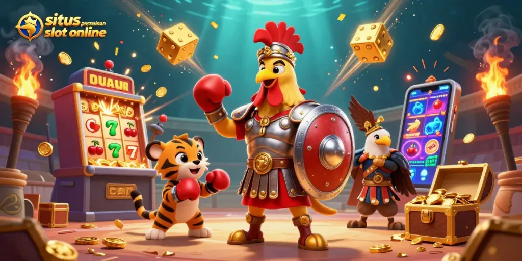 Permainan slot online di situs permainan slot online dengan karakter unik dan simbol keberuntungan.
