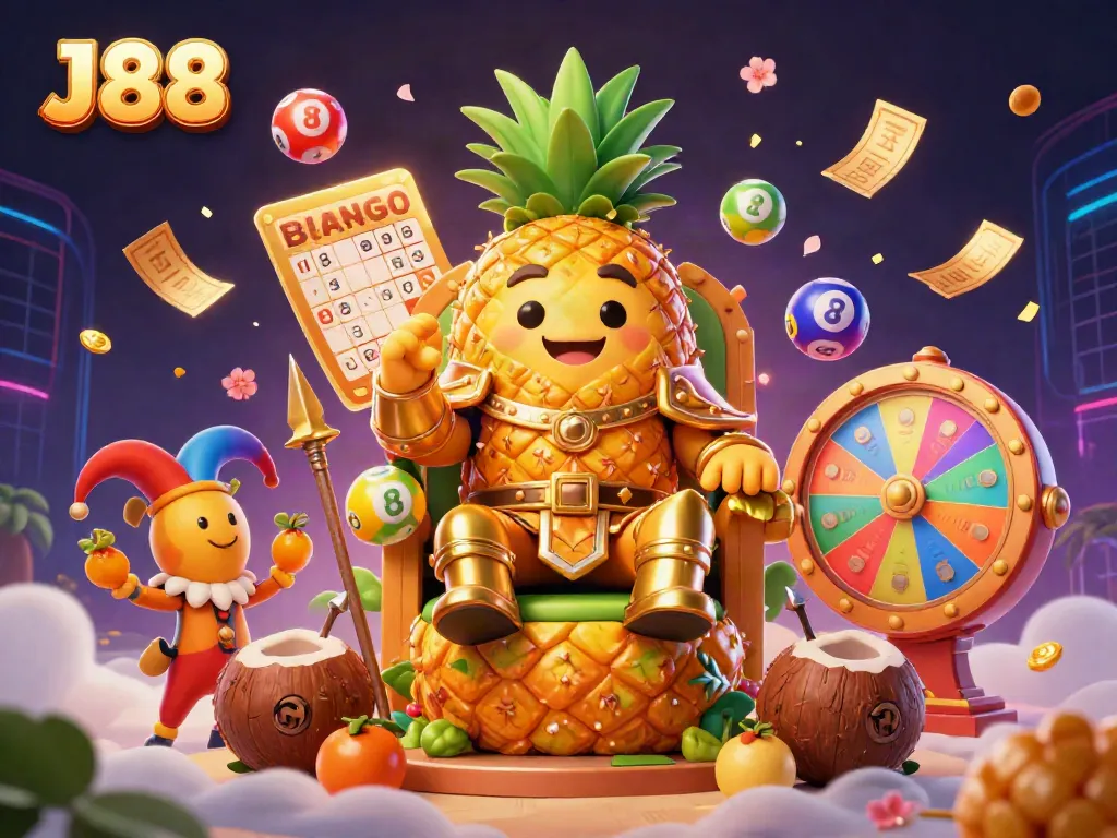 Experience J88 in a vibrant casino scene featuring a golden pineapple king, coconut bodyguards, and lively game elements.