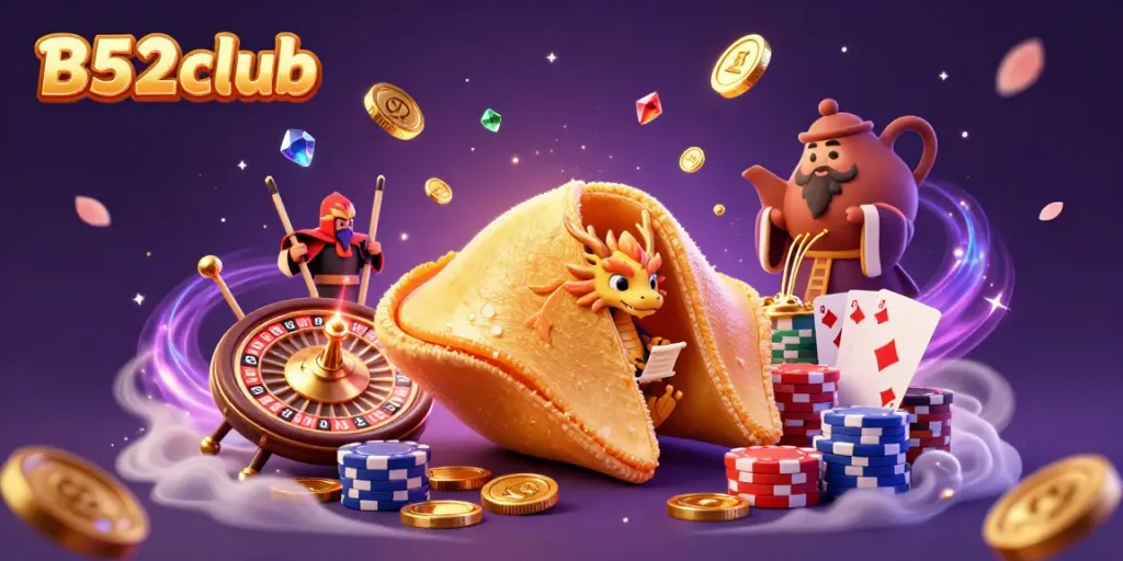 B52club offers an exciting gaming experience with a vibrant casino scene showcasing golden fortune cookies and colorful poker chips.