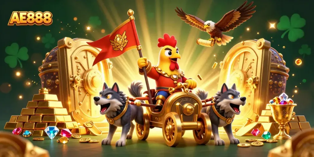 Experience the thrill at AE888 with a rooster warlord and golden treasures in this lively 3D scene.