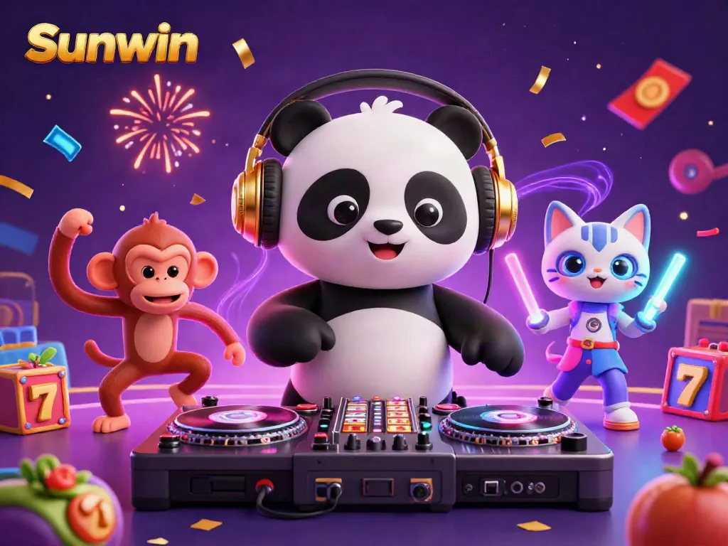 Experience the thrilling Sunwin casino atmosphere with lively characters and vibrant slot elements in a playful scene.