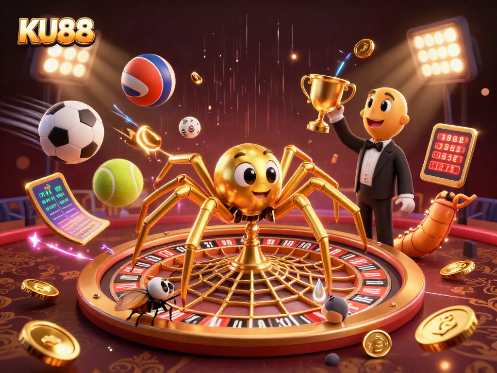Engage with KU88's vibrant 3D casino scene featuring a captivating spider and a betting fly.