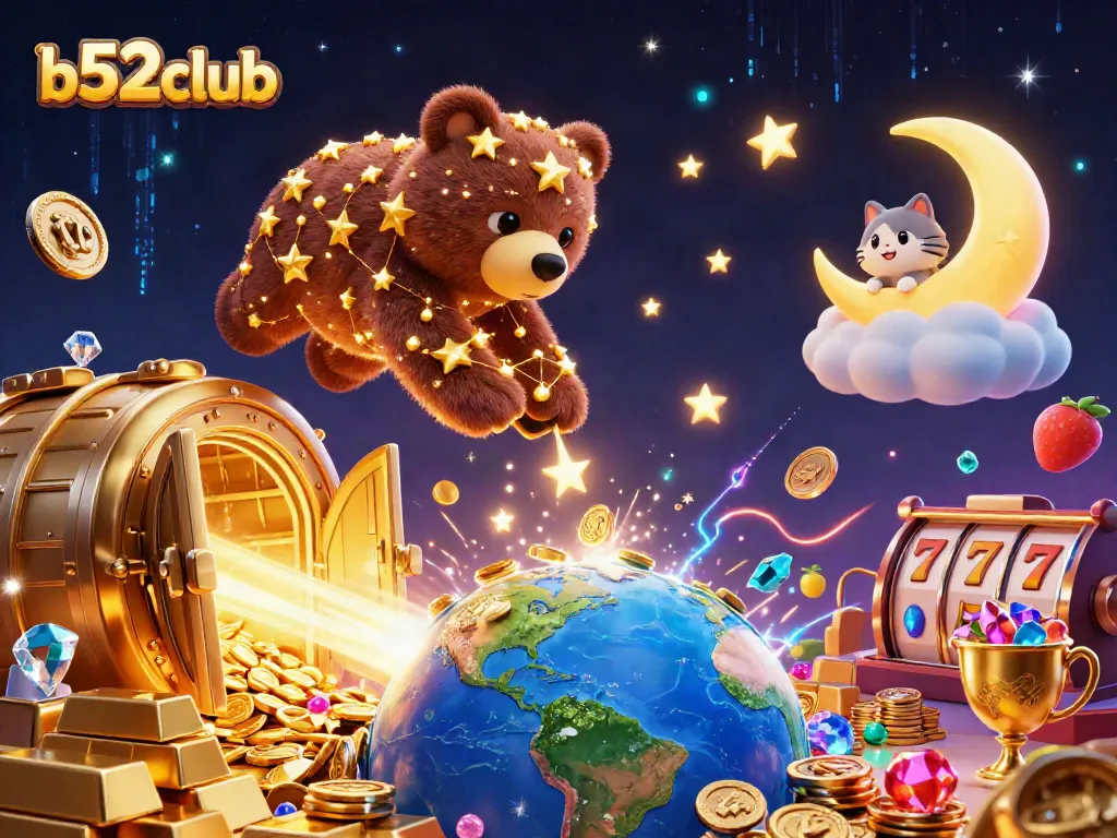 Engage in excitement with b52club as treasures explode from a golden vault in this immersive 3D casino scene.