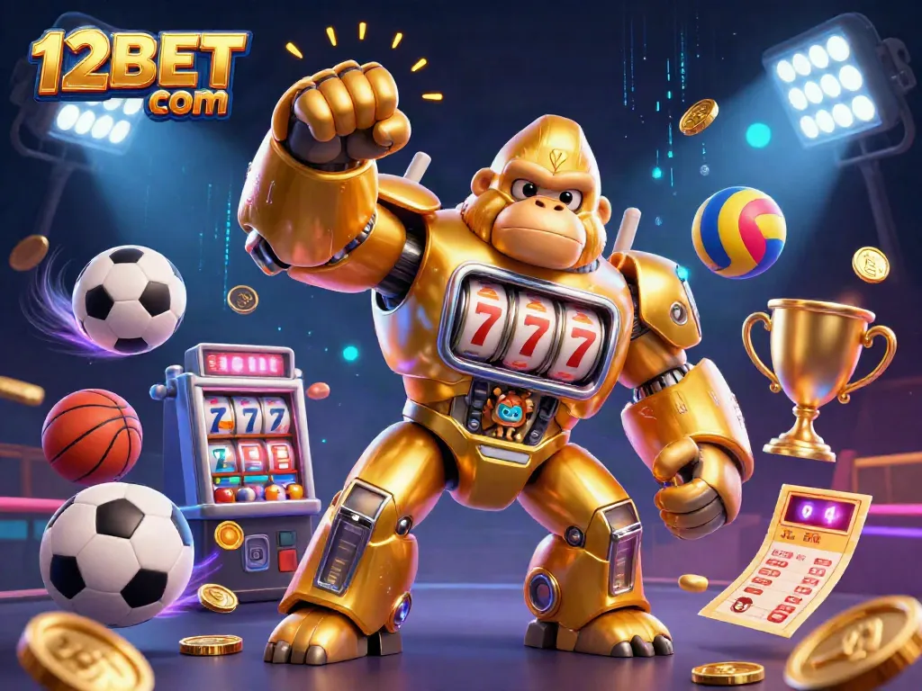 Engage with thrilling gameplay at 12BET com, featuring a golden gorilla mech and dynamic sports elements.