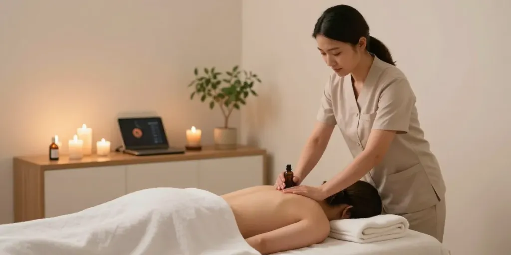 Relaxing 서울출장안마 session in a tranquil massage therapy room with soothing elements.