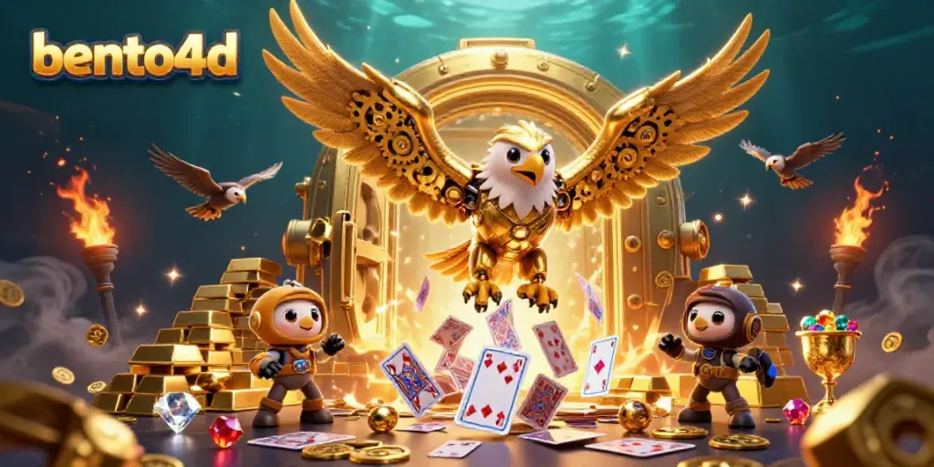 Experience excitement with bento4d through vibrant holographic cards and treasures in a rich casino-themed scene.