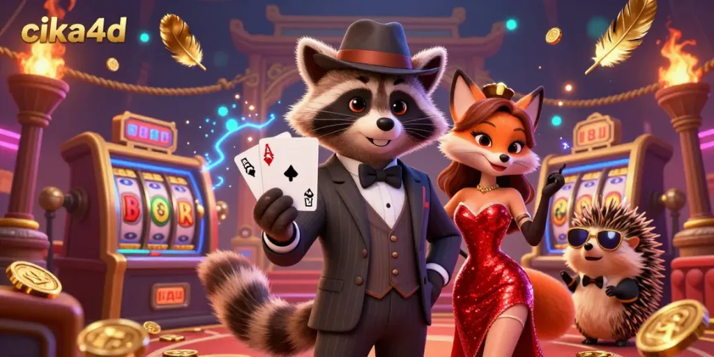 Join the fun at cika4d with a raccoon sporting a royal flush and exciting casino elements.