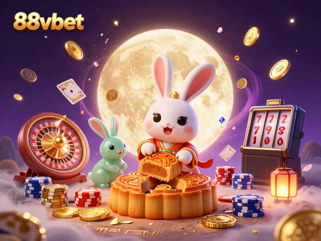 Experience thrilling gameplay with 88vbet's vibrant casino illustration showcasing a moon rabbit surrounded by golden treasures.