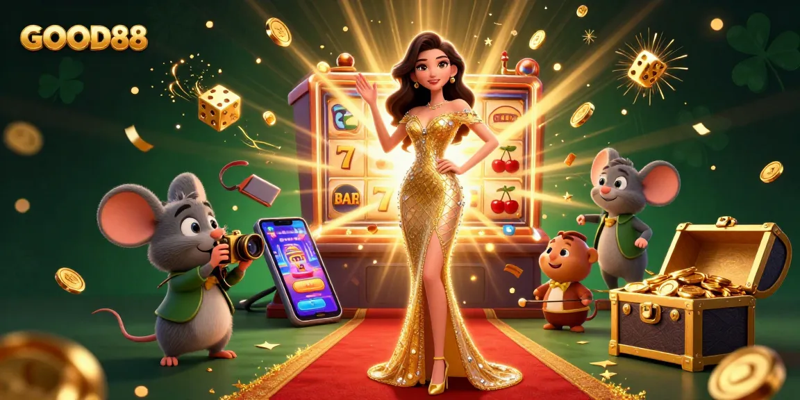 Experience the excitement of GOOD88's online casino with a thrilling jackpot explosion and vibrant gaming elements.