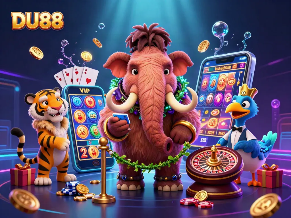 Engage with DU88 as the woolly mammoth smoothly checks IDs at the casino entrance, surrounded by vibrant slot game elements.
