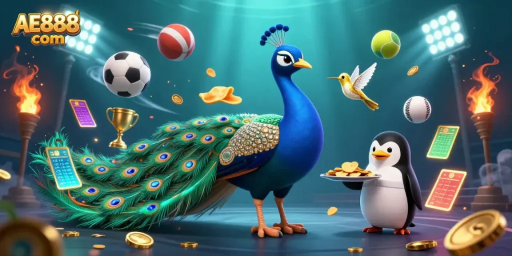 Experience the thrill of betting at AE888 com with dynamic characters and sports elements in this 3D illustration.