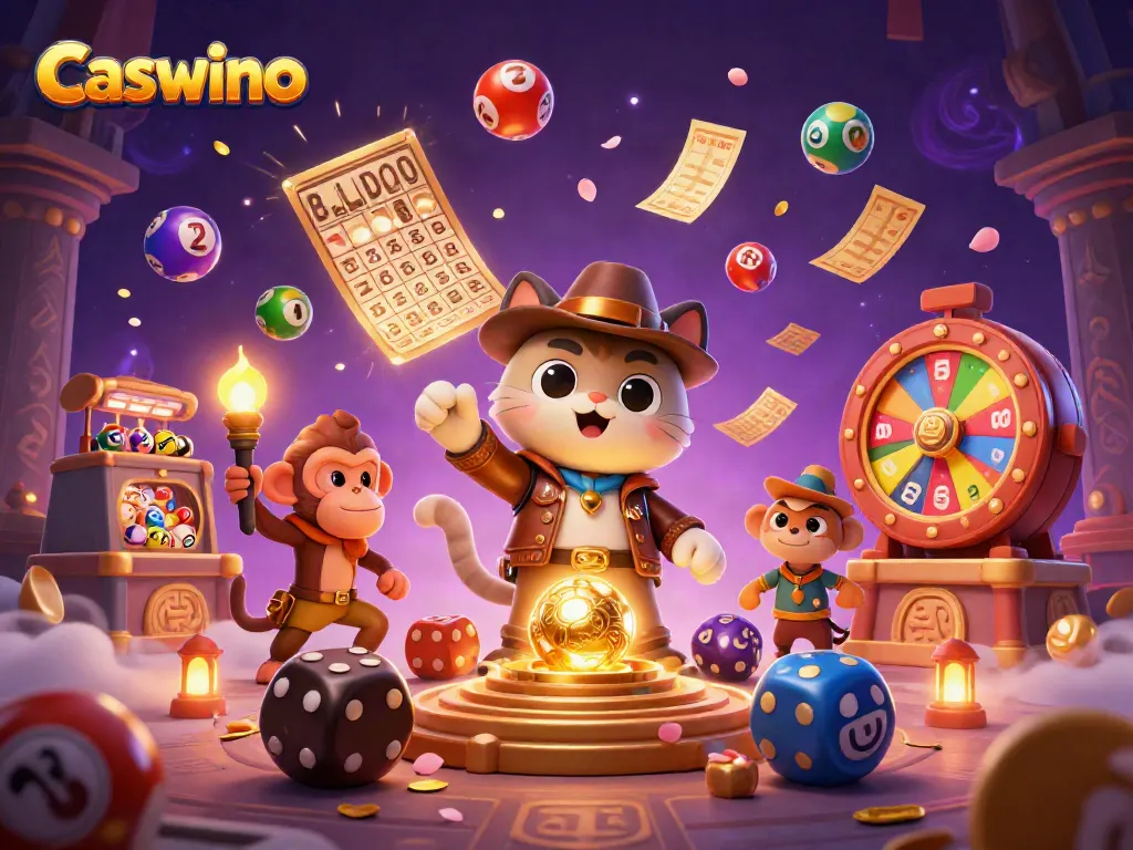 Experience the excitement of Caswino Casino with a character discovering ancient treasures amidst casino elements.