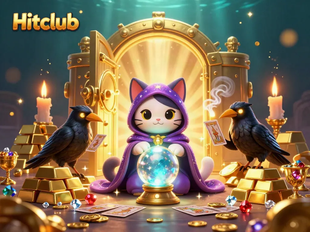 Experience the magic of Hitclub with tarot cards, gemstones, and a treasure vault in this vibrant scene.
