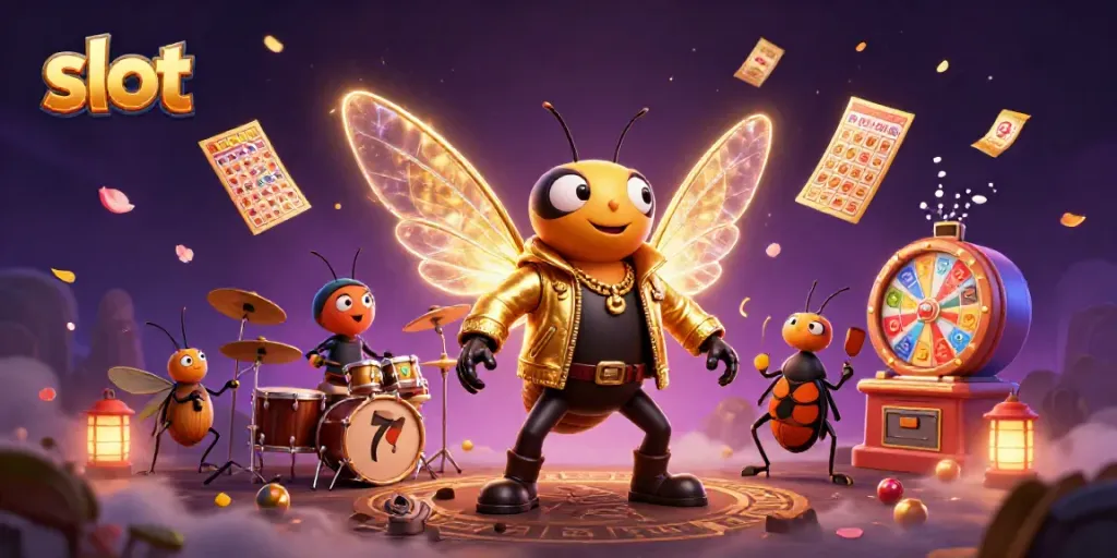 Engaging illustration showcasing a vibrant slot scene with a rock star cicada, beetle drummer, and dynamic slot elements.