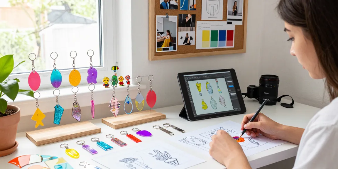 Custom keychains designer creating vibrant prototypes in a colourful workspace