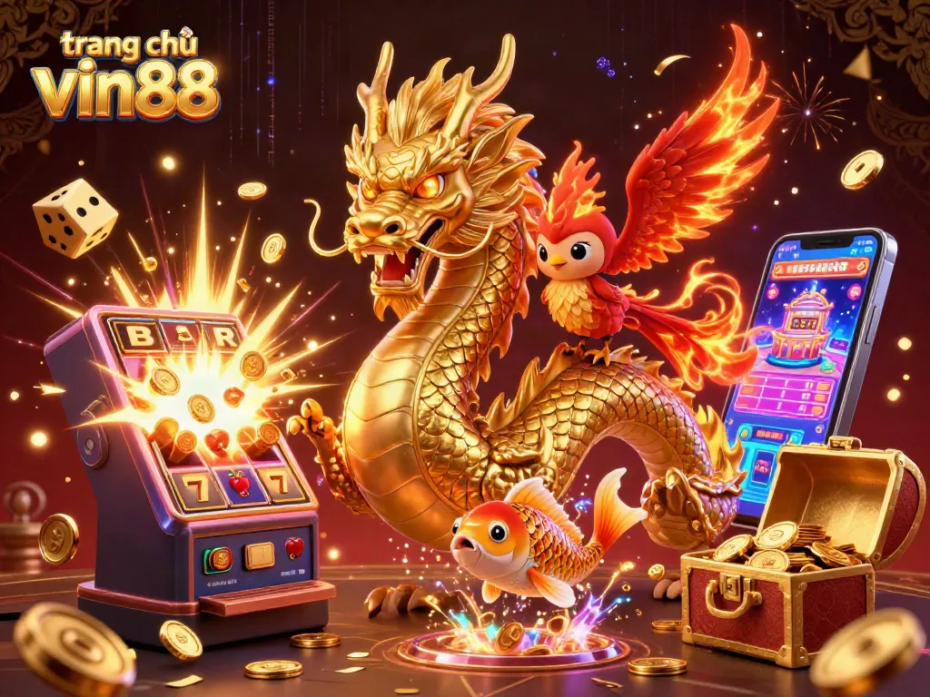 Engage with the vibrant world of trang chủ vin88 where a dragon, phoenix, and koi fish celebrate big wins.