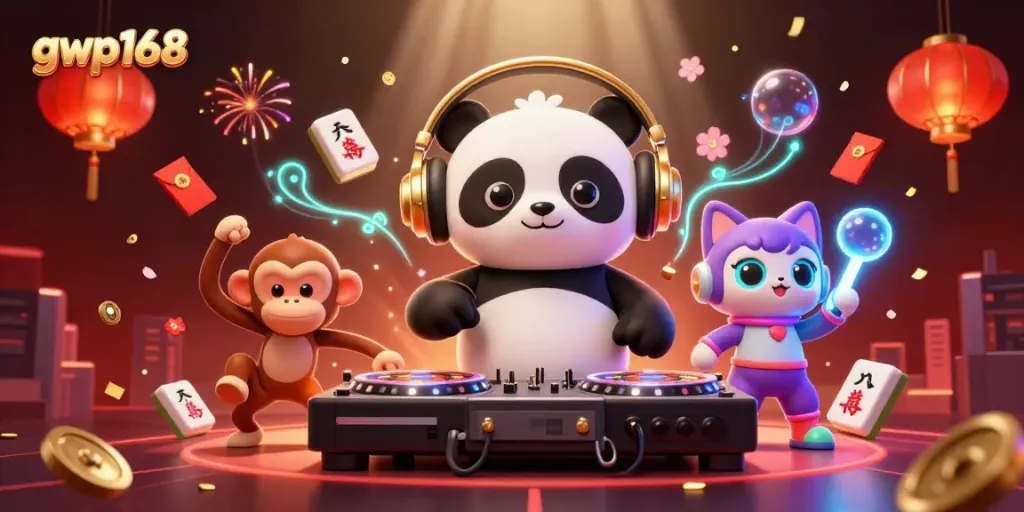 GWP168 menampilkan DJ panda dan karakter berpesta di kasino memberikan pengalaman bermain yang menarik.
