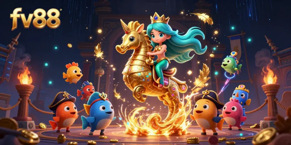 Experience thrilling adventures with fv88 in a vibrant underwater casino scene featuring a mermaid princess and friends.