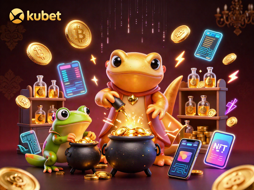 Engage with kubet's vibrant casino world featuring a golden salamander and crypto elements.