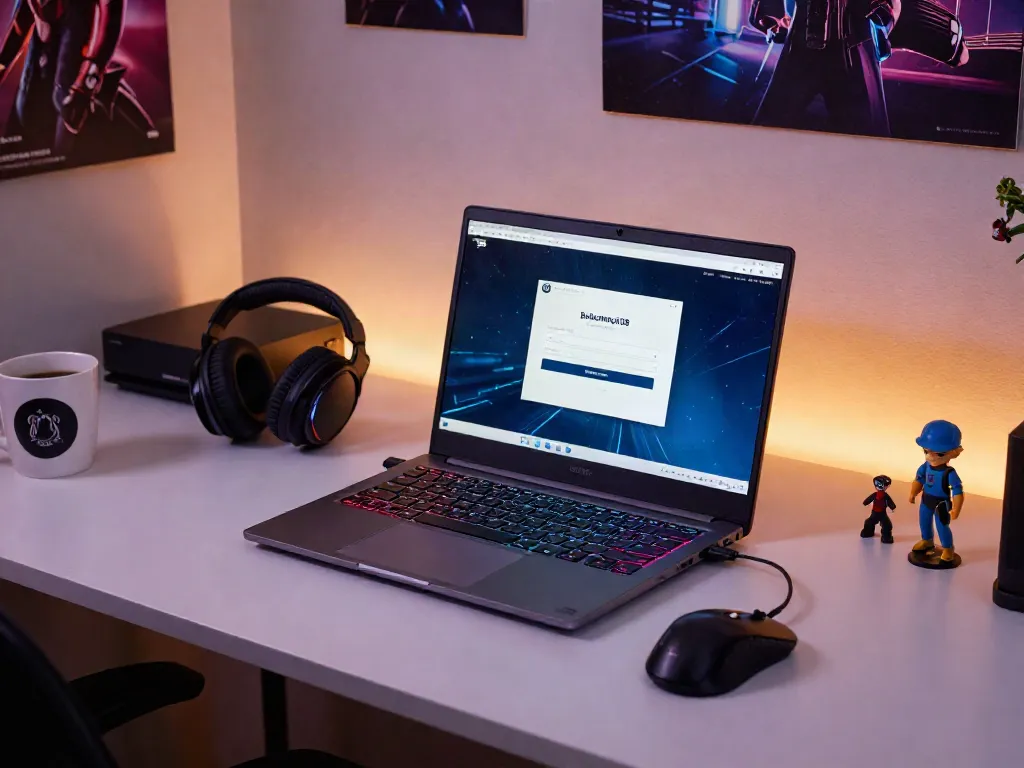 Halaman login bukumimpi138 ditampilkan pada laptop di ruang gaming modern yang nyaman.