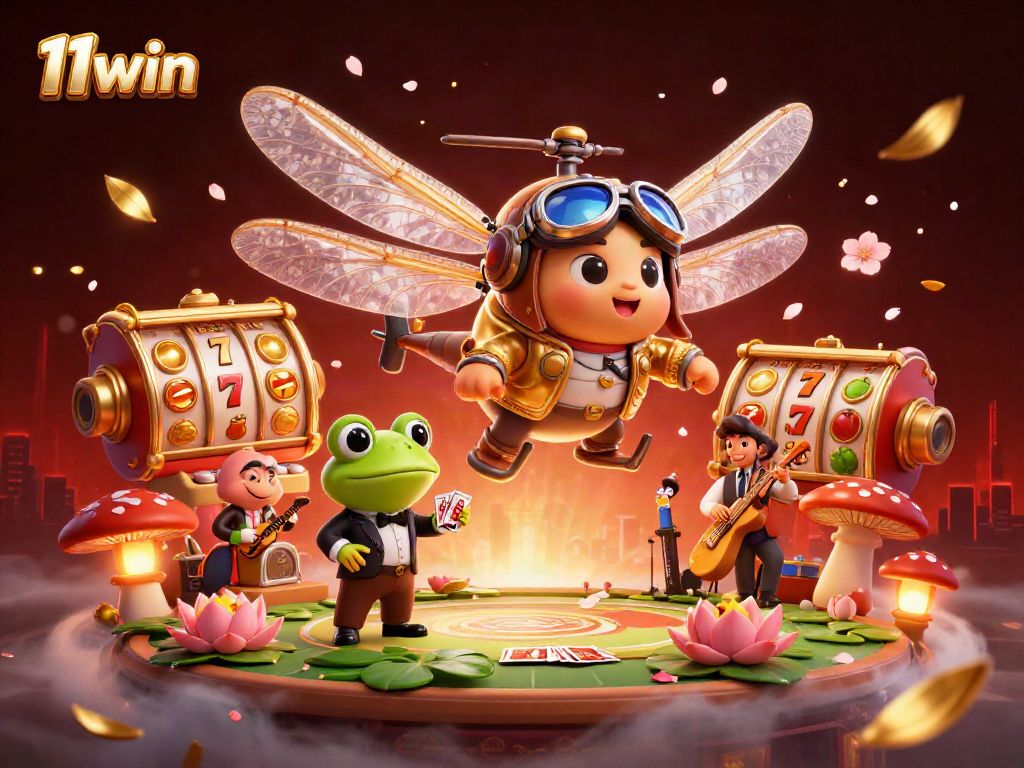 Experience the vibrant world of 11win with a dragonfly pilot and a frog dealer amidst spinning slot reels and joyful elements.