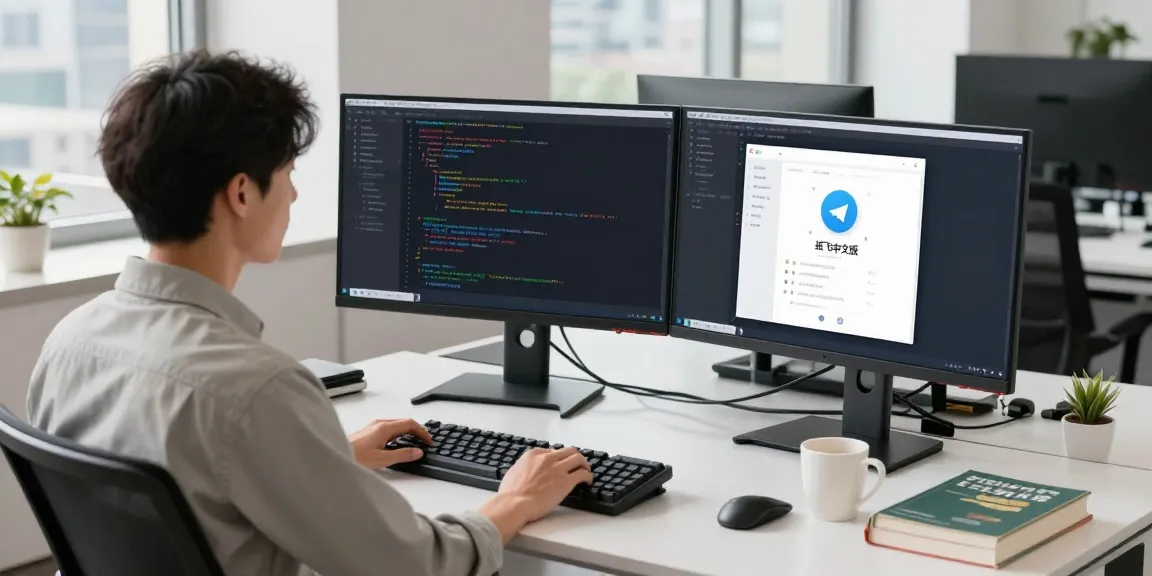 Professional tech workspace showcasing 纸飞机中文版 on monitors, modern office decor with coding elements.