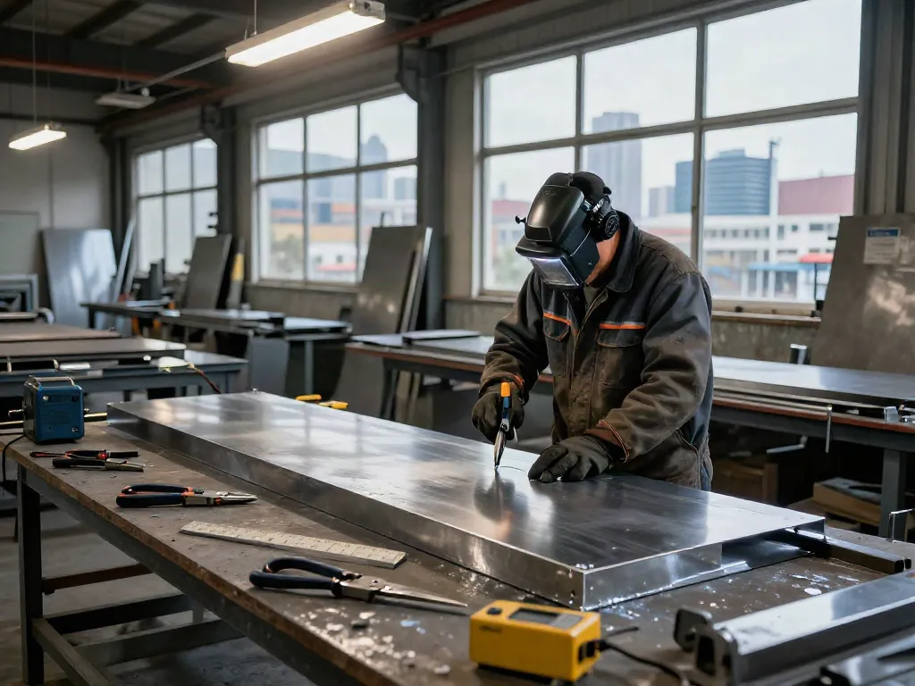 Expert technician at Miller Sheetmetal Inc. crafting high-quality stainless steel components in a bustling workshop.
