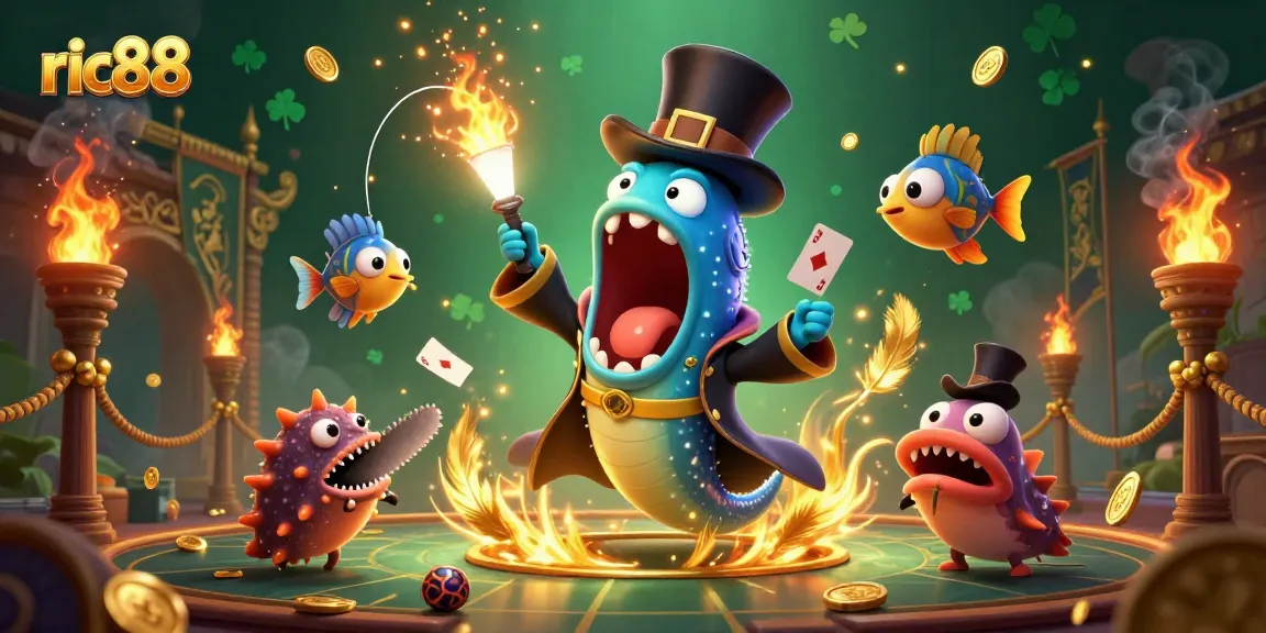 Experience the magic of ric88 with a bioluminescent eel performing card tricks in a vibrant casino scene.