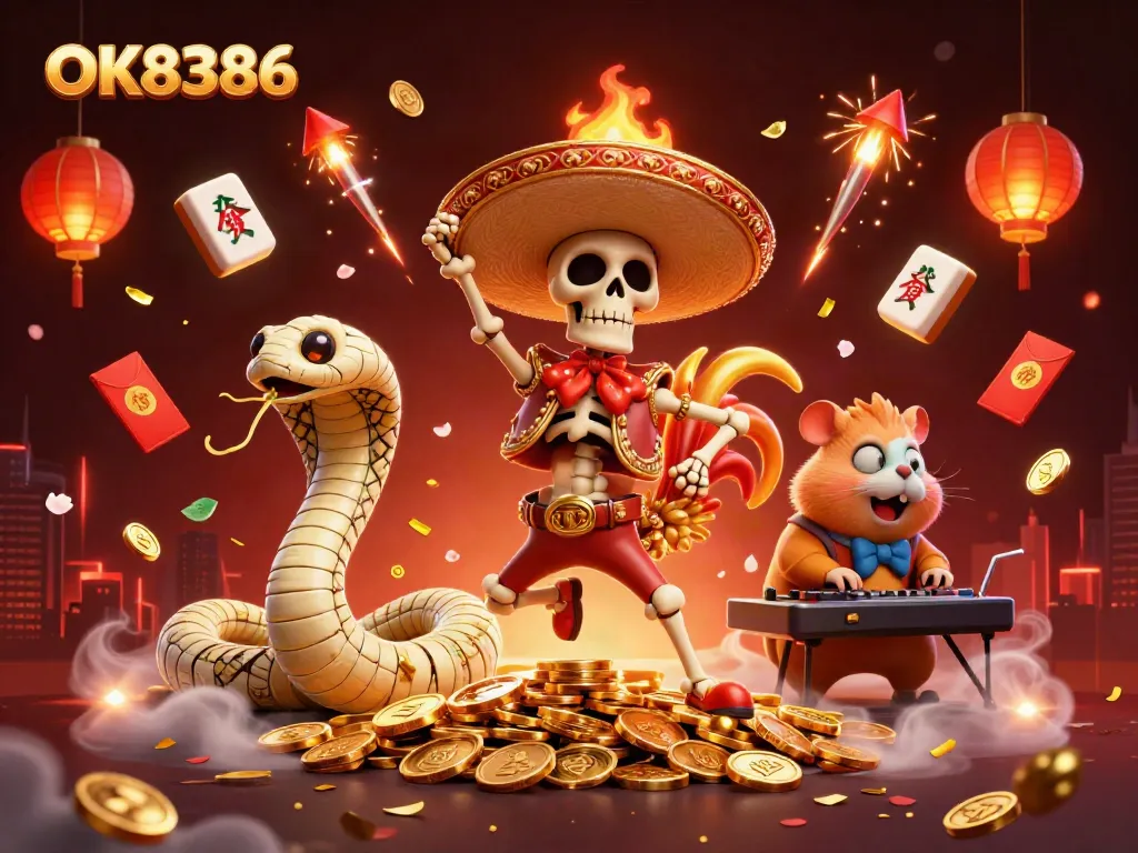 Experience thrilling wins at OK8386 with dynamic games and festive characters celebrating amidst gold coins.