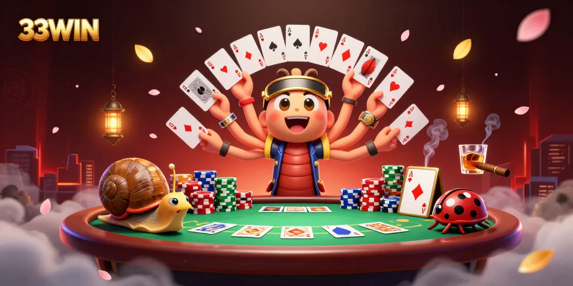 Engage in thrilling poker action with 33WIN featuring a vibrant dealer scene and exciting chip stacks.