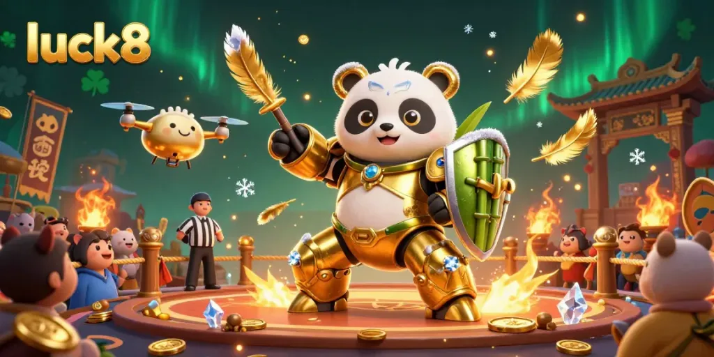 Experience excitement at luck8 with a 3D illustration showcasing a golden panda in a mech-suit amidst thrilling casino action.