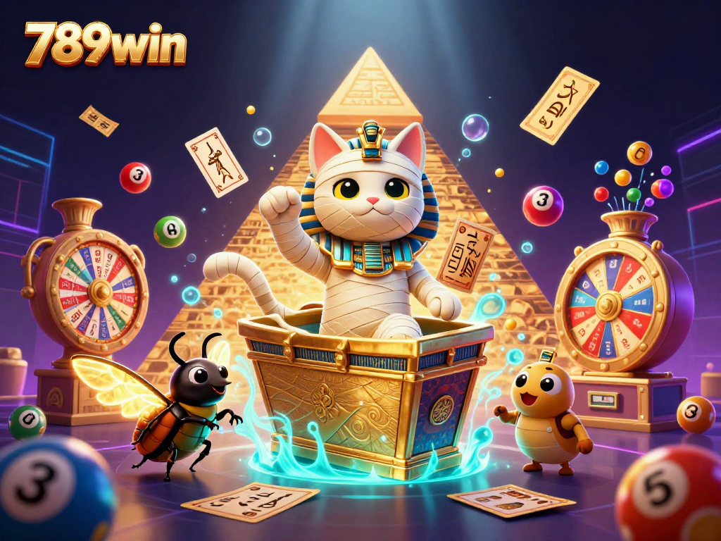 Join the excitement at 789win with a vibrant casino scene featuring a mummy cat and lottery elements.