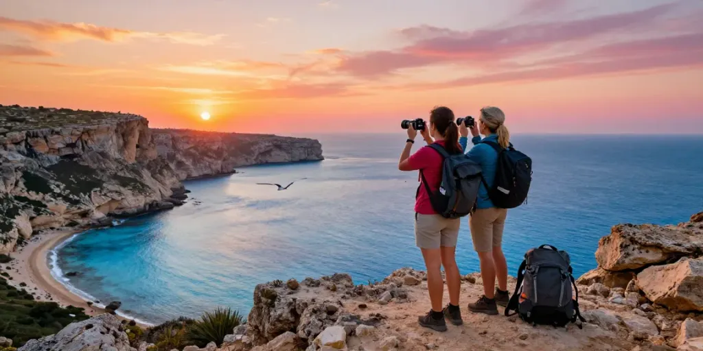 Couple experiencing gozo tours on a cliff overlooking the breathtaking coastline with a stunning sunset.