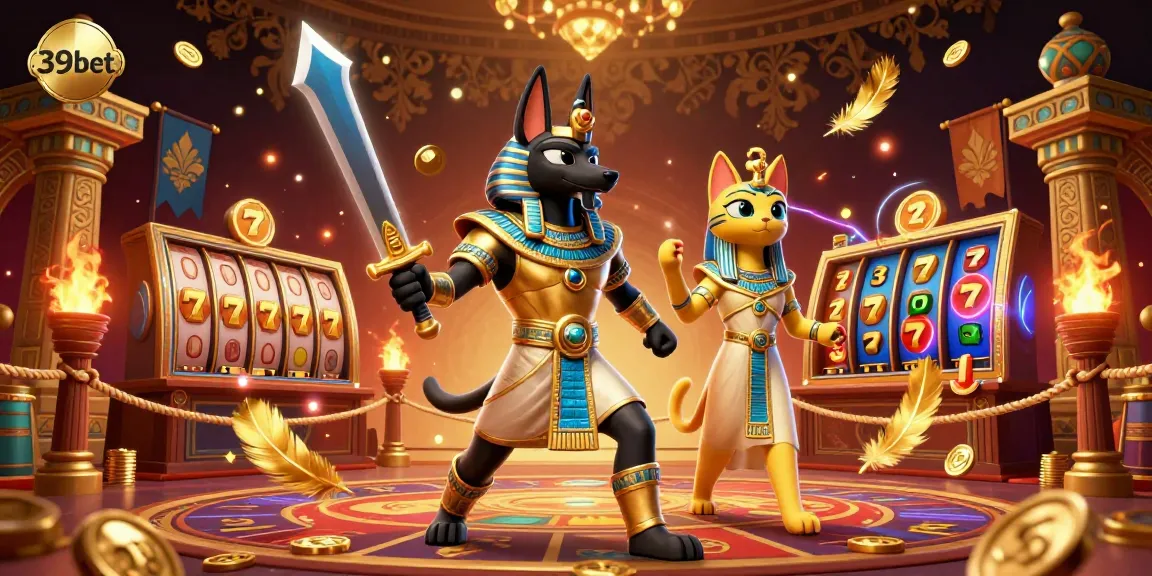 Engage with 39bet's thrilling casino scene featuring Anubis and Bastet amidst vibrant game elements.