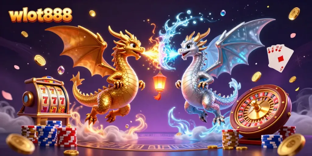 Wslot888 menampilkan ilustrasi 3D dengan naga emas dan perak dalam aksi permainan kasino yang berani.