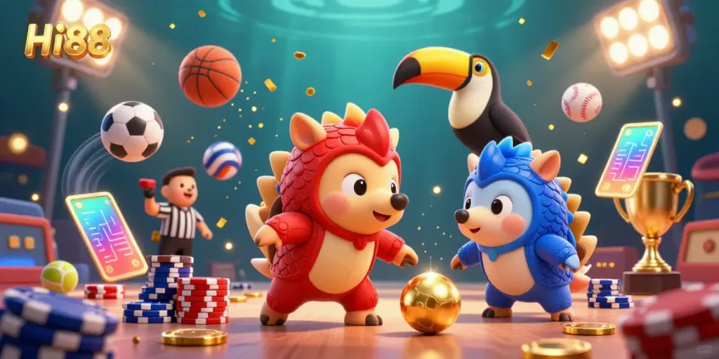 Hi88 pangolins compete in a vibrant casino scene, bowling through poker chips.